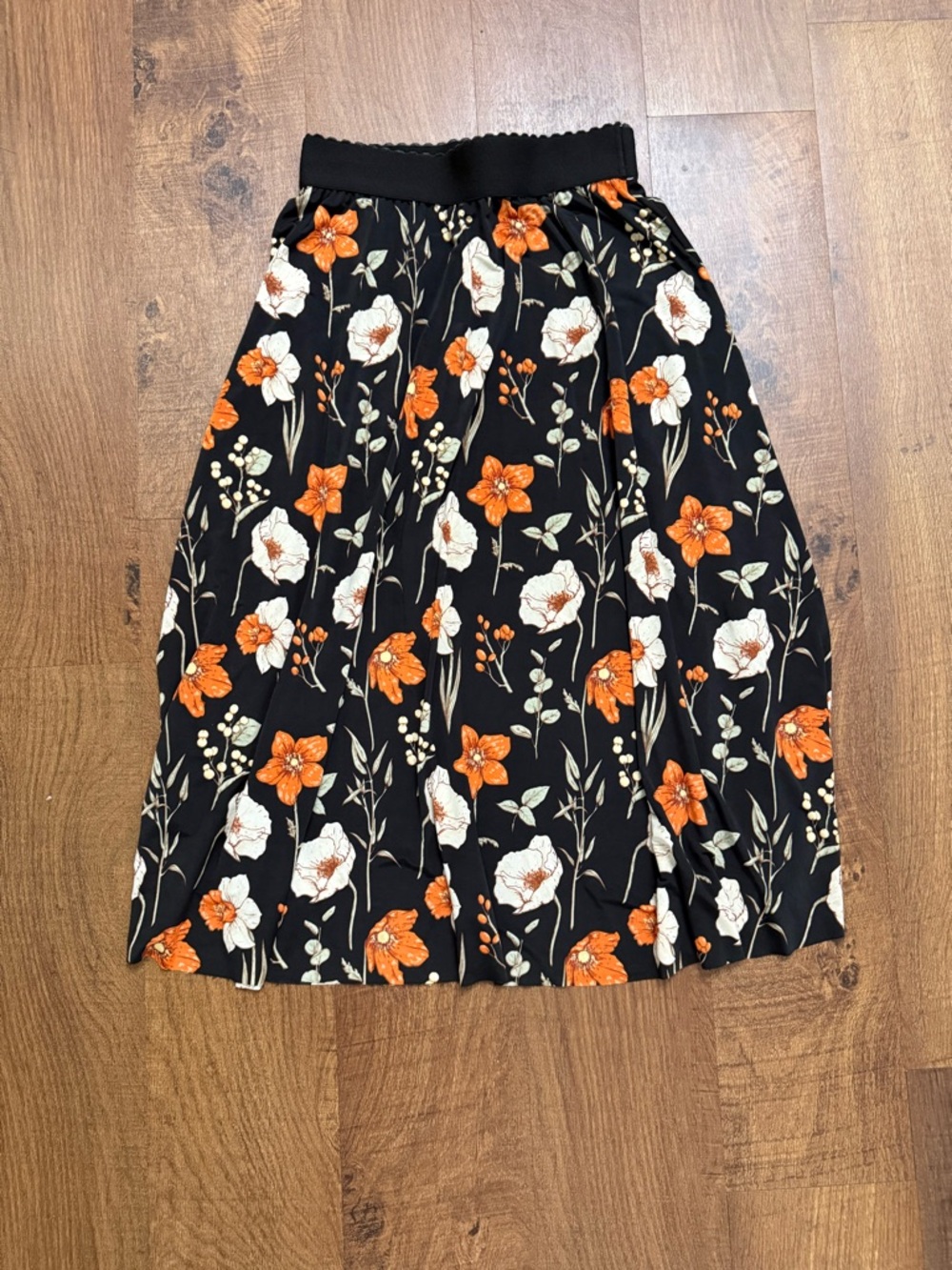 Floral Midi Skirt - Black with Orange & White Blooms